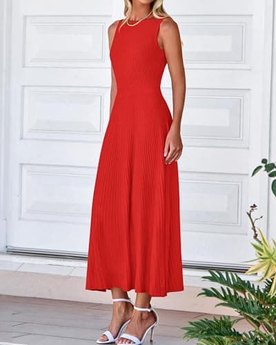BTFBM Women Tank Midi Dress Summer Crewneck Sleeveless Pleated A Line Business Casual Formal Sweater Spring Dresses 2026(Brick Red, Small) - Thumbnail 6