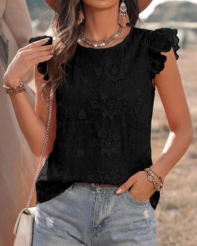 KIRUNDO Summer Tops for Women 2026 Ruffle Cap Sleeve Lace Embroidered Floral Boho Shirts Dressy Casual Blouses Cruise Outfits(Black, Small) - Thumbnail 5