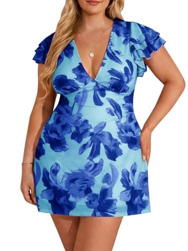 Beautife Women's Plus Size Floral Dress Summer Deep V Neck Ruffle Cap Sleeve Bodycon Mesh Cocktail Party Club Mini Dresses Blue - Image 1