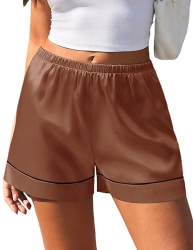 Ekouaer Satin Silk Pajama Shorts for Women 2026 Casual Summer Elastic Waist Lounge Pj Bottoms, Light Brown L - Image 1