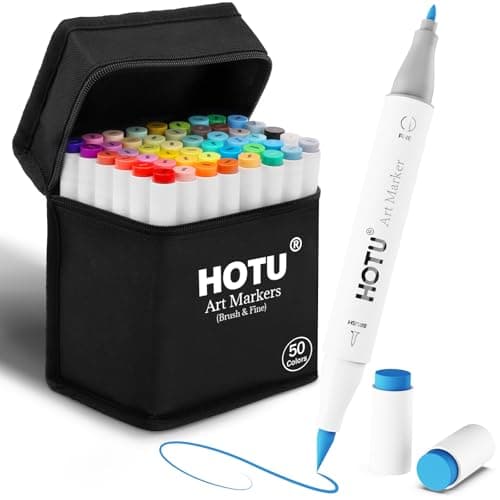 HOTU Alcohol Markers Brush Tip - 50 Colors Dual Tip Markers, Brush & Fine Alcohol-based Art Marker Set for Adults Coloring Illustration, Alcohol Sketch Pens with Carrying Case, Non-Bleeding Pad - Image 1