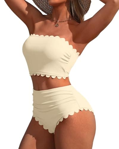 Charmo Strapless High Waisted Bikini Sets Women Tummy Control Scallop Bandeau Swimsuit Tie Two Piece Bathing Suit Beige M - Image 1