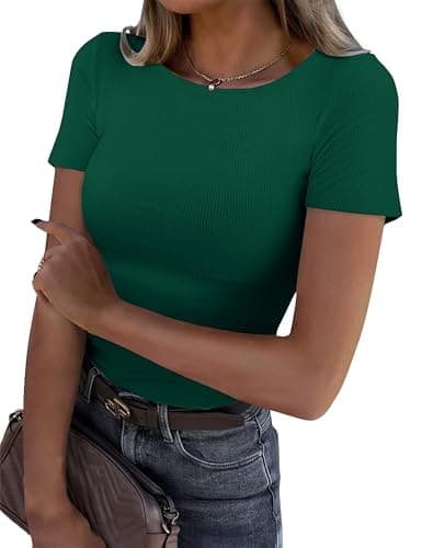 GKBK Womens Short Sleeve Tops Crew Neck Ribbed Fitted Tight Shirts Layering Top Basic Tee Tshirts Cute Summer Tops Casual Spring Clothes Outfits 2026 Trendy Dark Green - Image 1