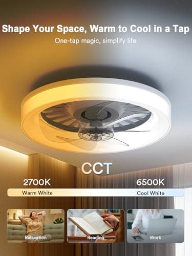 ANGELHALO 16" Smart Ceiling Fan with Light, Dimmable 2700K-6500K, Remote/App Control, Low Profile Flush Mount Fandelier with 6 Silent Speeds, Bladeless Fan Light for Bedroom/Kids Room/Home Offices - Thumbnail 2