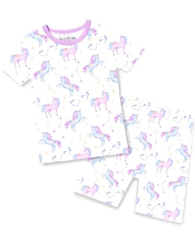 babee Reshinee Bamboo Viscose Toddler Unicorn Girls Kids Pajamas Short Sleeve Summer Cool Snug fit Pjs 12M-18M 2pcs - Image 1