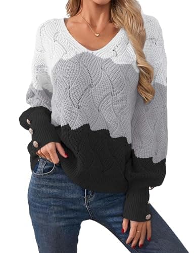 Libsorge Womens Oversized Cute Color Block Button Sweater Spring 2026 Trendy Ladies Dressy Casual Outfits Lightweight Crochet Knit Hollow Out Sexy V Neck Long Sleeve Pullover Sweaters Grey S - Image 1