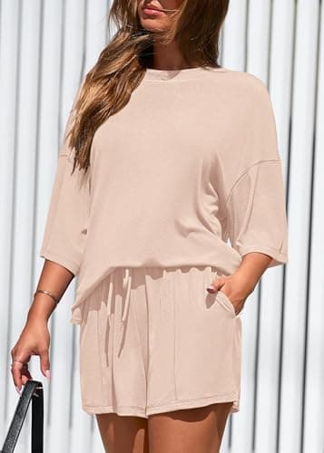 KIRUNDO 2 Piece Sets for Women Summer Lounge Sets Casual Oversized Tshirts Shorts Matching Airport Travel Outfits Postpartum(Beige, Small) - Thumbnail 5