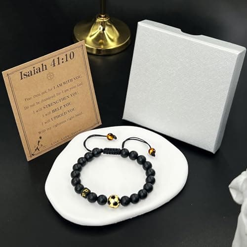GIGLIM Soccer Initial Bracelet for Boys Men 18K Gold Plated Brass Soccer Charm with 19 Obsidian Beads & 2 Tiger Eye Pendants Inspirational Sport Bracelet Birthday Easter Son Grandson Nephew Friend - Thumbnail 2