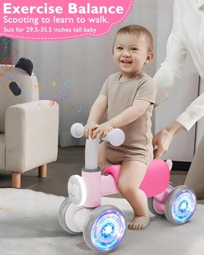 Doselie Toddler Outdoor Toys Balance Bike for 1 2 Year Old Girl Birthday Gifts,4 Wheels Colorful Lighting with Music Baby Balance Bike,Toddler Toys for 1st 2 Year Old - Thumbnail 6