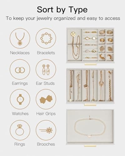 VLANDO Jewelry Box for Women, Glass Lid Jewelry Organizer with 3 Drawers for Necklaces Rings Earrings Bracelets Mother Day Gift for Mom - Cloud White - Thumbnail 3