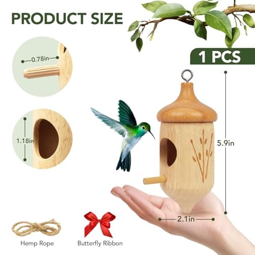Hummingbird House, Small Wooden Hummingbird House for Outdoors, Cute Bird House with Bow & Hanging String, Garden Decor & Gift - Thumbnail 3