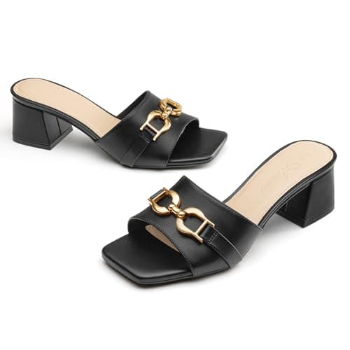 Athlefit Women's Heeled Sandals Black Chunky Heel Mules Square Peep Toe Low Block Heels Slip On Comfortable Summer Dressy Shoes Size 7 - Thumbnail 5