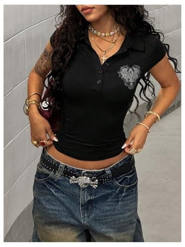 Milumia Women's Short Sleeve Gothic Top Y2k Collared Fitted Shirt Black Large - Thumbnail 5