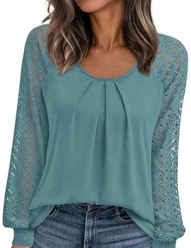 PRETTYGARDEN Womens Long Sleeve Shirts Lace Tops 2026 Spring Fashion Outfits Dressy Casual Blouses Work Clothes (Teal,Small) - Image 1