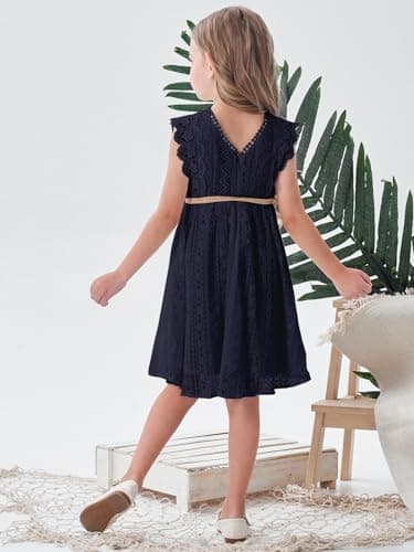ALLOVIN Toddler and Girls Vintage Boho A-Line Lace Dress with Belt Pom Pom Trim Birthday Party Dress | Navy Blue | 10-11Y - Thumbnail 2