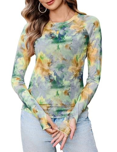 Totatuit Women Lace Mesh Long Sleeve Tops T-Shirts Boho Floral Sheer Mesh Shirts Spring Outing Tops Round Neck Double Lined Tops St Patricks Day Shirt Women Green Medium - Image 1