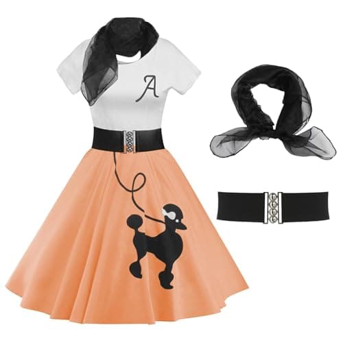 ZEZCLO Women's Retro Poodle Print Skater Dress Vintage High Waist Rockabilly Swing Tee Cocktail Party Dresses Orange Pink S - Image 1