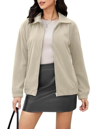 Casly Lamiit Corduroy Jacket Women Casual Zip Up Loose Fit Lapel Coat Long Sleeve Fall Barn Jacket Winter Outwear Beige XS - Image 1