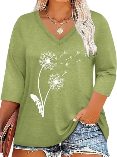 Chulianyouhuo Women's Plus Size Tops Dandelion Graphic T Shirt V Neck Casual 3/4 Sleeve Loose Fit Basic Tee Blouses - Image 1