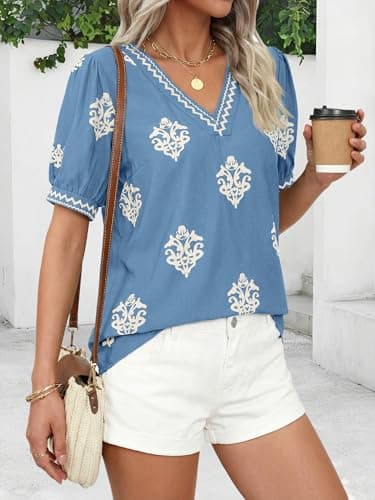 BTFBM Casual Spring Shirts for Women Beach Fashion Going Out Tops Vacation Short Sleeve Floral Boho Blouses Tunics(Light Blue Apricot Flower,XX-Large) - Thumbnail 6