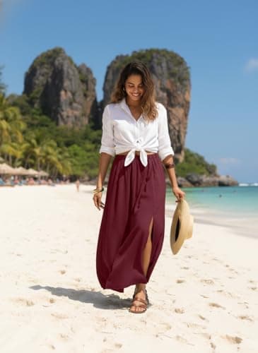 HiMONE Womens Elegant Maxi Skirt High Waisted Pleated Flowy Skirt with Side Slit for Church Office 2026 Wine Red - Thumbnail 3