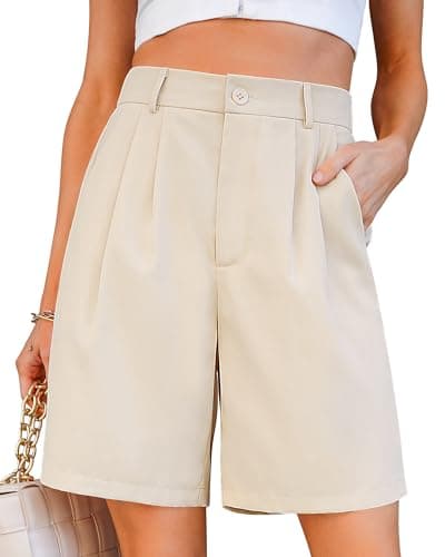 Luvamia Flowy Women's Plus Size High Waisted Shorts - Beige, Trendy with Pockets, Size XXL (20/22) - Image 1