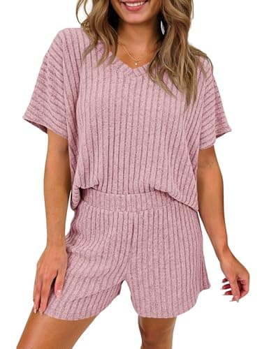 Tankaneo Womens 2 Piece Short Sets Lounge Outfits Summer Ribbed V Neck Short Sleeve Tops Casual Pajama Sets - Image 1