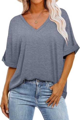 Womens Oversized T Shirts V Neck Loose Fit Shirts Short Sleeve Summer Casual Tops 2025 Trendy Blouses Y2K Plain Tees Grey-Blue M - Image 1