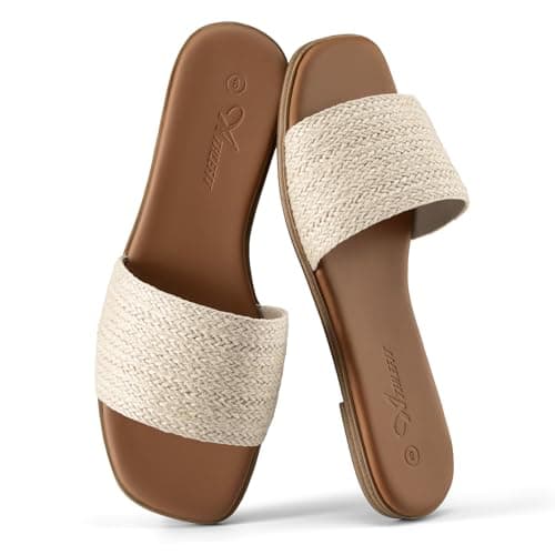Athlefit Women's Raffia Flat Sandals Square Open Toe Comfortable Slip On Summer Beach Casual Slide Sandals Size 8 - Thumbnail 6