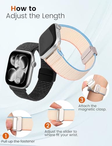 Crodi 2 Packs Nylon Loop Sport Bands Compatible with Apple Watch Band 38/40/41/42mm Women Men, Strong Magnetic Adjustable Straps for iWatch Series 11 10 9 8 7 6 5 4 SE/Ultra 3 2 1, Black&Starlight - Thumbnail 4