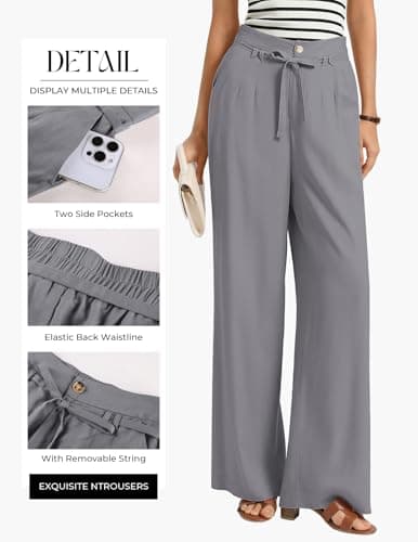 GRACE KARIN Linen Pants Women,Elastic High Waist Wide Leg Pants with Pockets,Comfy Beach Vacation Trousers Gray - Thumbnail 3