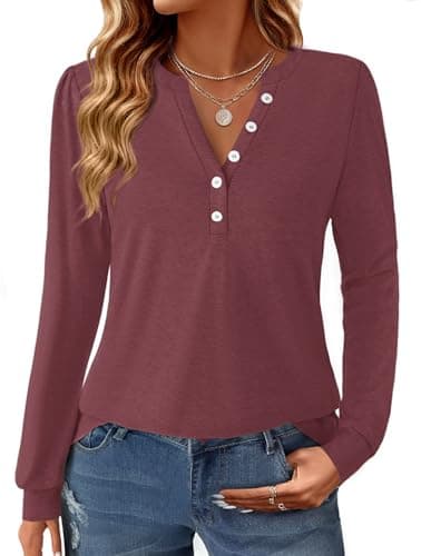 GKBK Women's Puff Long Sleeve Tunic V Neck Button Blouses Fall Tops Trendy Dressy Casual Business Henley Shirts Wine Red XL - Image 1