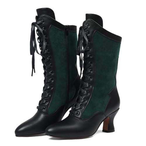 Erocalli Women Mid Heels Witch Boots Green Halloween Cosplay Mid-calf Leather Boots - Lace Up, Fall Winter Boots, Medieval, Renaissance, Steampunk, Vintage Shoes - Image 1