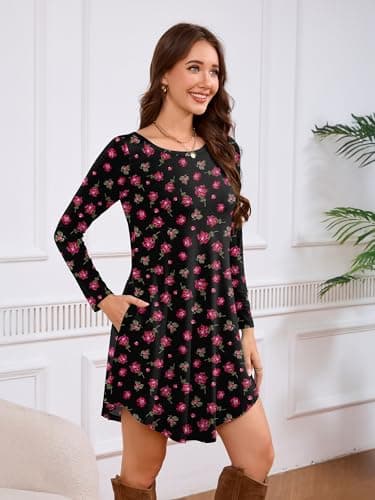 DEARCASE Women's Long Sleeve T Shirt Dress Floral Black Pink Rose Flower Large Crewneck Knee Length Loose Casual Flowy Swing Tunic Dresses with Pockets - Thumbnail 2