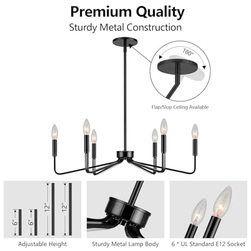 ACANER Black Chandelier for Dining Room, 6-Light Farmhouse Kitchen Light Fixtures Over Table, 26" Rustic Candle Chandelier for Bedroom, Foyer, Hall, Living Room, Entryway - Thumbnail 5