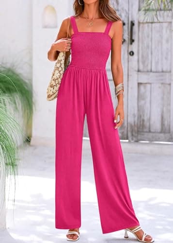 KIRUNDO Womens Overalls Dressy Casual Plus Size Smocked Wide Leg Sleeveless One Piece Jumpsuits for Women Wide Strap Long Pant Rompers Trendy Outfits(Rose Red, XX-Large) - Thumbnail 4