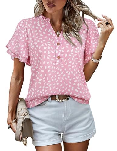 LOOKBOHO Blouse for Women Dressy Casual Ruffle Short Sleeve Boho Tops Fashion V Neck Pink Dot Button Down Shirts Summer S - Image 1