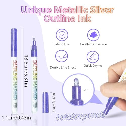 Glitter Markers Outline Pens Metallic Shimmer Marker, 12 Cute Tween Teen Girl Gifts Cool Trendy Stuff Drawing Art Supplies for 6-8 9-12 10-12 Year Old Kids, Fun Arts Crafts Kids Ages 8-12 Year Old - Thumbnail 2