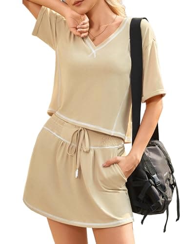 Alealiy Womens 2 Piece Outfits Summer Skirt Sets Casual Short Sleeve Tops Matching Skort Going Out Lounge Set Khaki Small - Image 1