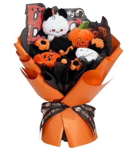 FLOLVISOU Halloween Crochet Bouquet Handmade Black and Orange Floral Arrangement with Plush Pumpkins and Ghosts Home Table Decor Unique Gift for Women and Kids - Image 1