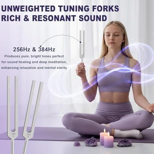 Tuning Forks for Healing Set – 128Hz 136.1Hz 256Hz 384Hz Weighted & Unweighted Sound Healing Tuning Forks for Chakra Balancing, Meditation, Yoga & Relaxation with Activator, Gem Feet & Storage Pouch - Thumbnail 2