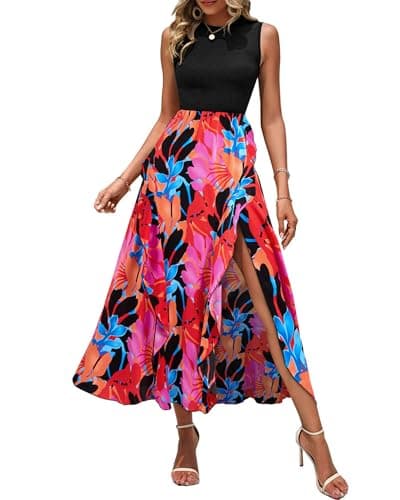 BTFBM Women Casual Sleeveless Summer Dresses 2025 Spring Crewneck Patchwork Boho Floral Ruffle Cocktail Party Midi Dress(Big Floral Multicolor, X-Large) - Image 1