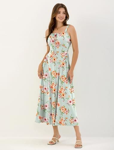 ZAFUL Women Summer Floral Midi Dress Corset Smocked Flowy A Line Sundress Wedding Guest Dresses with Pockets Light Green L - Thumbnail 2