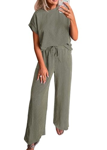 KIRUNDO 2 Piece Sets for Women Dressy Casual Ribbed Knit Short Sleeve Tops Wide Leg Pants Lounge Set Travel Airport Outfits(Sage Green, Small) - Image 1