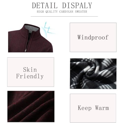 AKuVoL Men's Full Zip Cardigan Sweater Cable Knit Long Sleeve Stand Collar Casual Regular Fit Sweaters Outerwear Wine Red S - Thumbnail 4