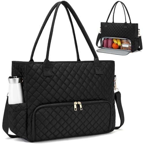 AHHZOOPLL 2-in-1 Lunch & Laptop Tote Bag for Women, 15.6" Lightweight Quilted Work Bag with Insulated Compartment, Water-Resistant Professional Commuter Bag for Office, Teacher, Nurse, Travel - Black - Image 1