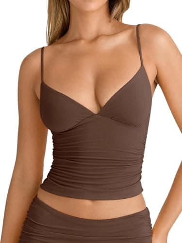 PINKMSTYLE V Neck Camisole Tops for Women Spaghetti Strap Double Lined Tank Top Ruched Crop Tank Tops Slim Fit Cami Shirt Brown XX-Large - Image 1
