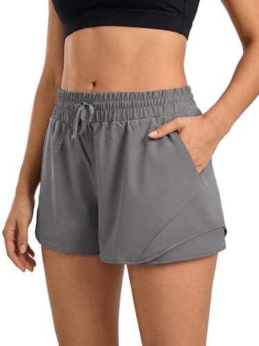 Stelle Women Running Shorts with Pockets High Waisted Drawstring Athletic Workout Quick-Dry Gym Shorts Mesh Liner (Smoke Grey, L) - Image 1