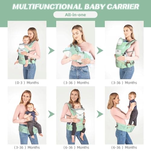 Boobezeen Baby Carrier with Hip Seat, Ergonomic M Position 6-in-1 Baby Carrier Newborns to Toddlers, Adjustable Baby Holder Carrier, All Seasons(Green) - Thumbnail 6