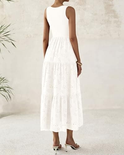 BTFBM Women Summer Eyelet Midi Dresses Casual Spring 2026 Sleeveless A Line Flowy Vacation Beach Wedding Guest Sun Dress(White, Medium) - Thumbnail 4
